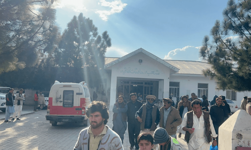 Residents gather outside the District Headquarters Hospital in Parachinar, Upper Kurram on January 31 following a firing incident